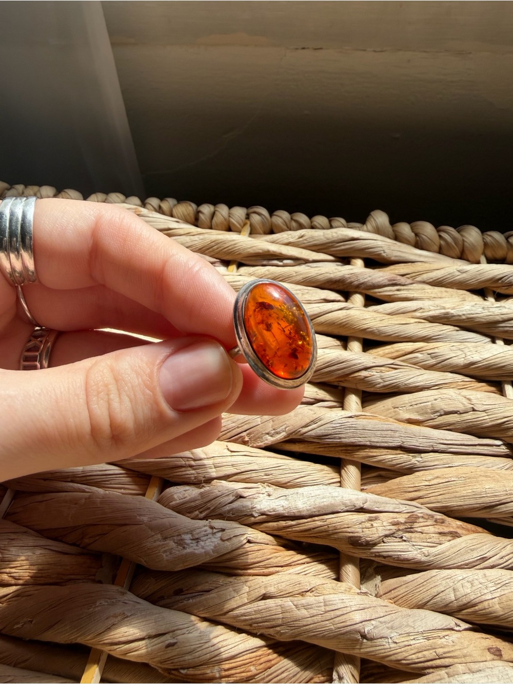 Sterling Silver Amber Oval Cocktail Ring - Amber size 6